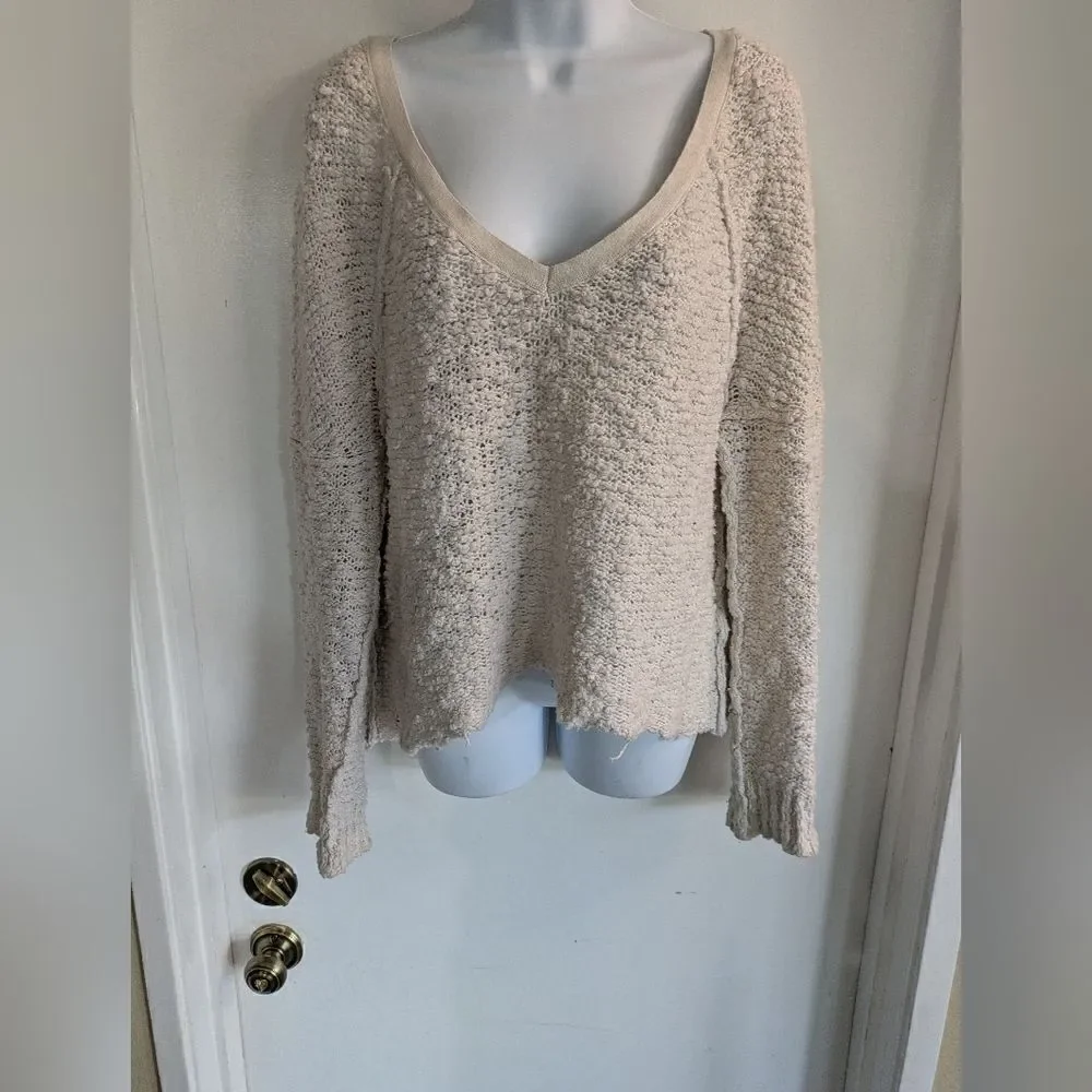 Free people Cream Colored textured popcorn V neck sweater